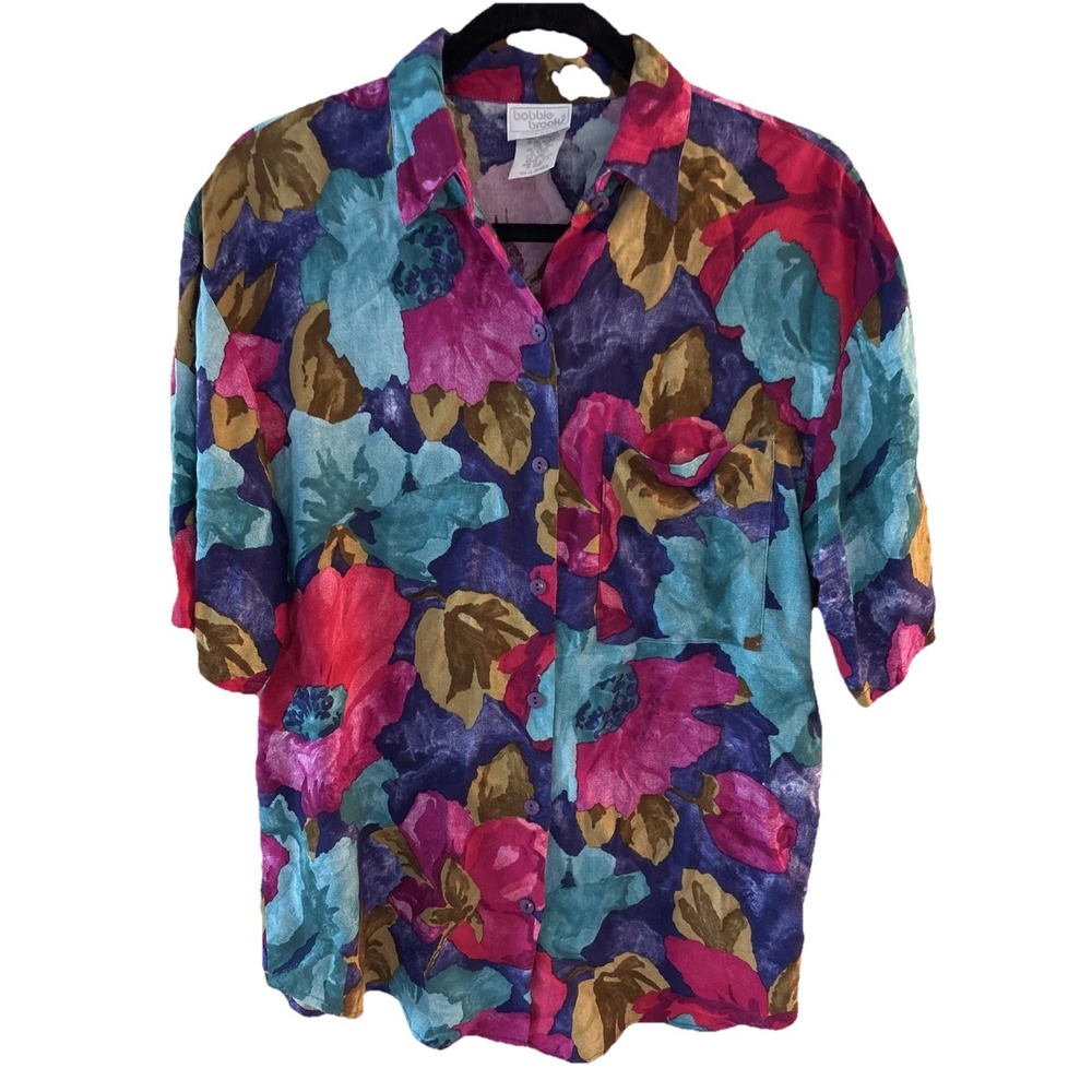 Vintage‎ Womens M 12/14 Top SS Blouse 80's Floral Loud Multi Colored Grannycore